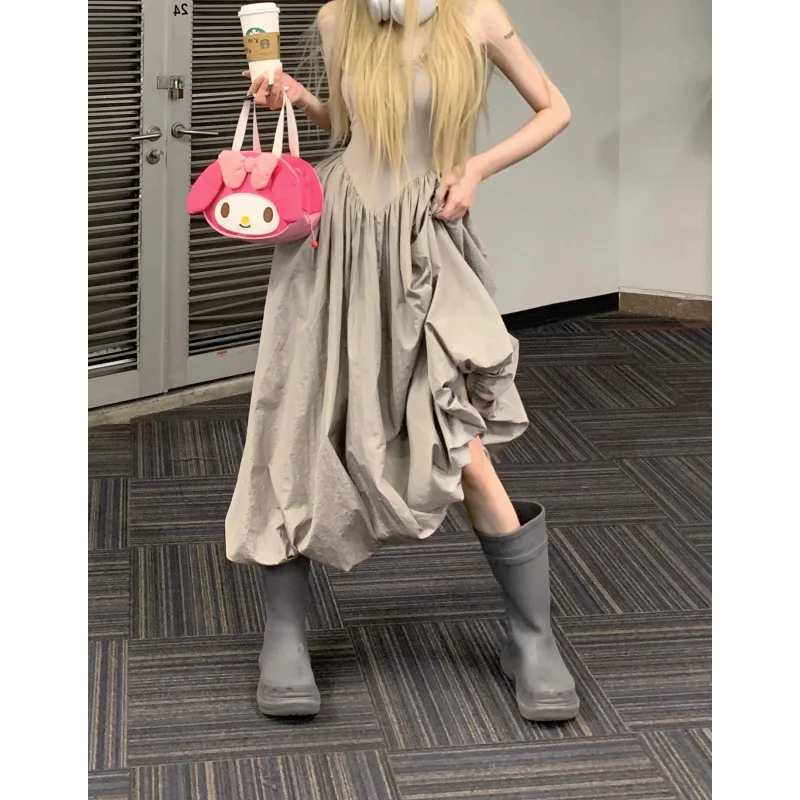 Summer Grey Dress Y2K Clothes Women Backless Dress Solid Sleeveless Sexy Korean Fashion 2023 Female Simple NEW Long Dress