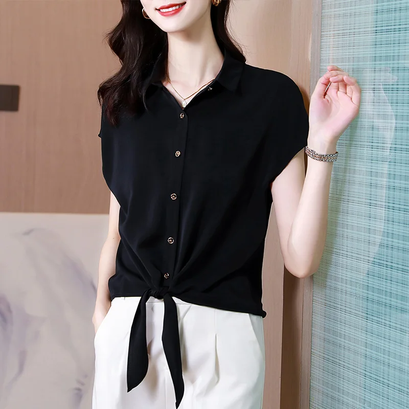 Women\'s 2024 new Summer Solid Color Polo-Neck Button Tie Up with Fashion Simplicity Loose Casual Versatile Short silk shirt Top
