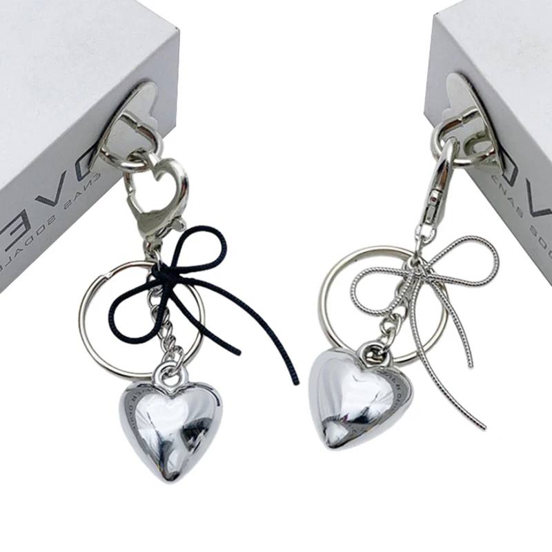 1PCS Y2K Simple Bowknot Heart Pendant Keyring Silver Color Metal Keychain Backpack Bag Hanging Decoration Car Key Holder