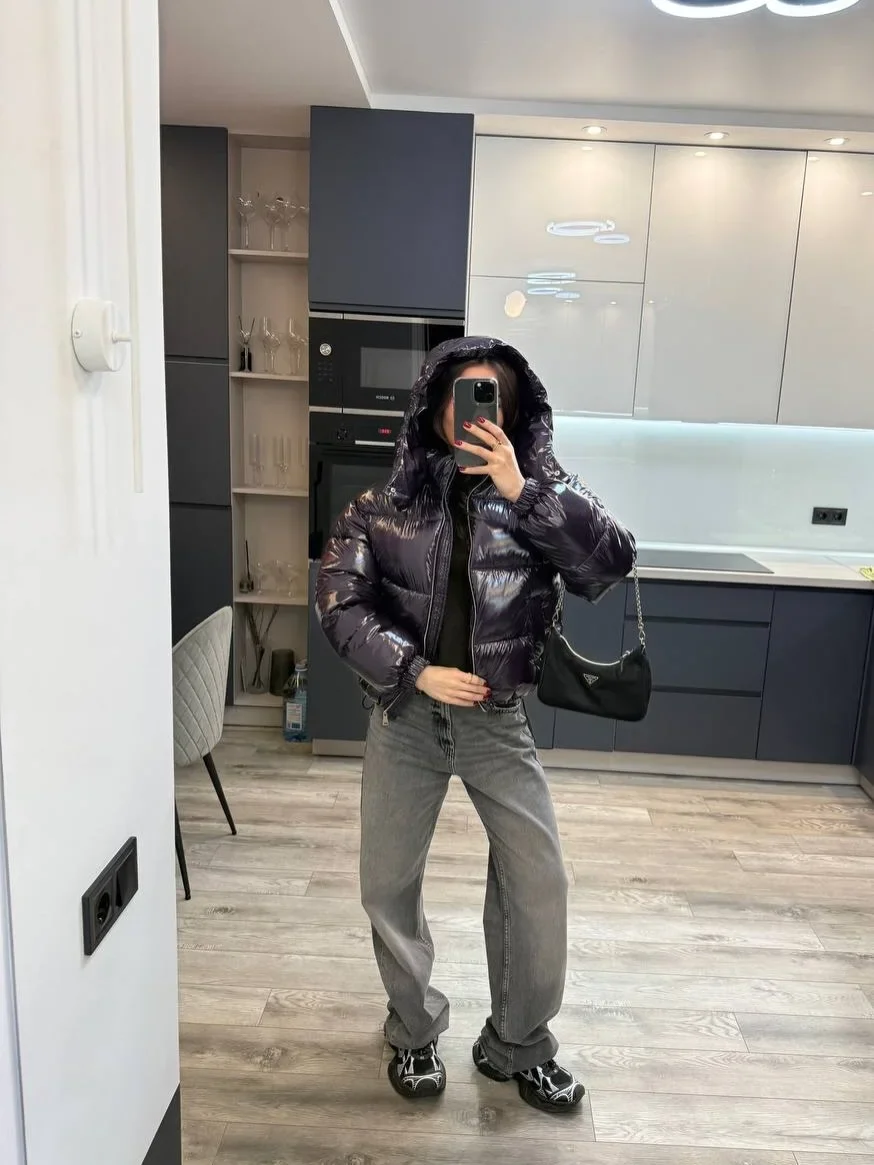 Ladies Glossy Hooded Puffer Jacket Cropped Drawstring Hem Zip Up Coat 2026 Winter Warm Casual 2026 New Trendy Cotton Outwear