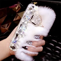 Luxury Rhinestone Bling Diamond Real Rabbit Fur Soft Cover Case For SamsungS24 S25 S20 S21 S22 PLUS S23 Ultra Note9 10 20 Case