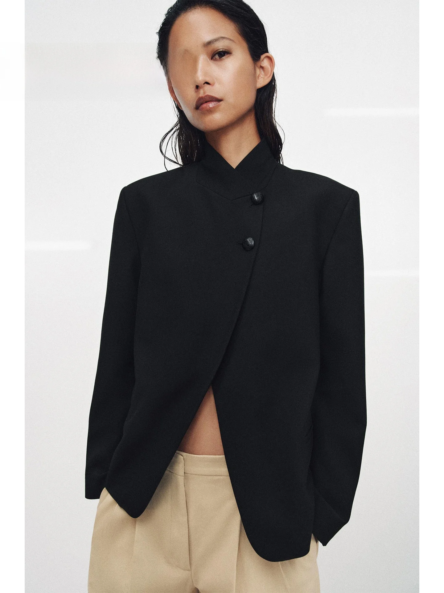 Summer 2026 Minimalist High Collar Button Decorated Short Suit Jacket for Women Elegant Personality Small Size 2237570