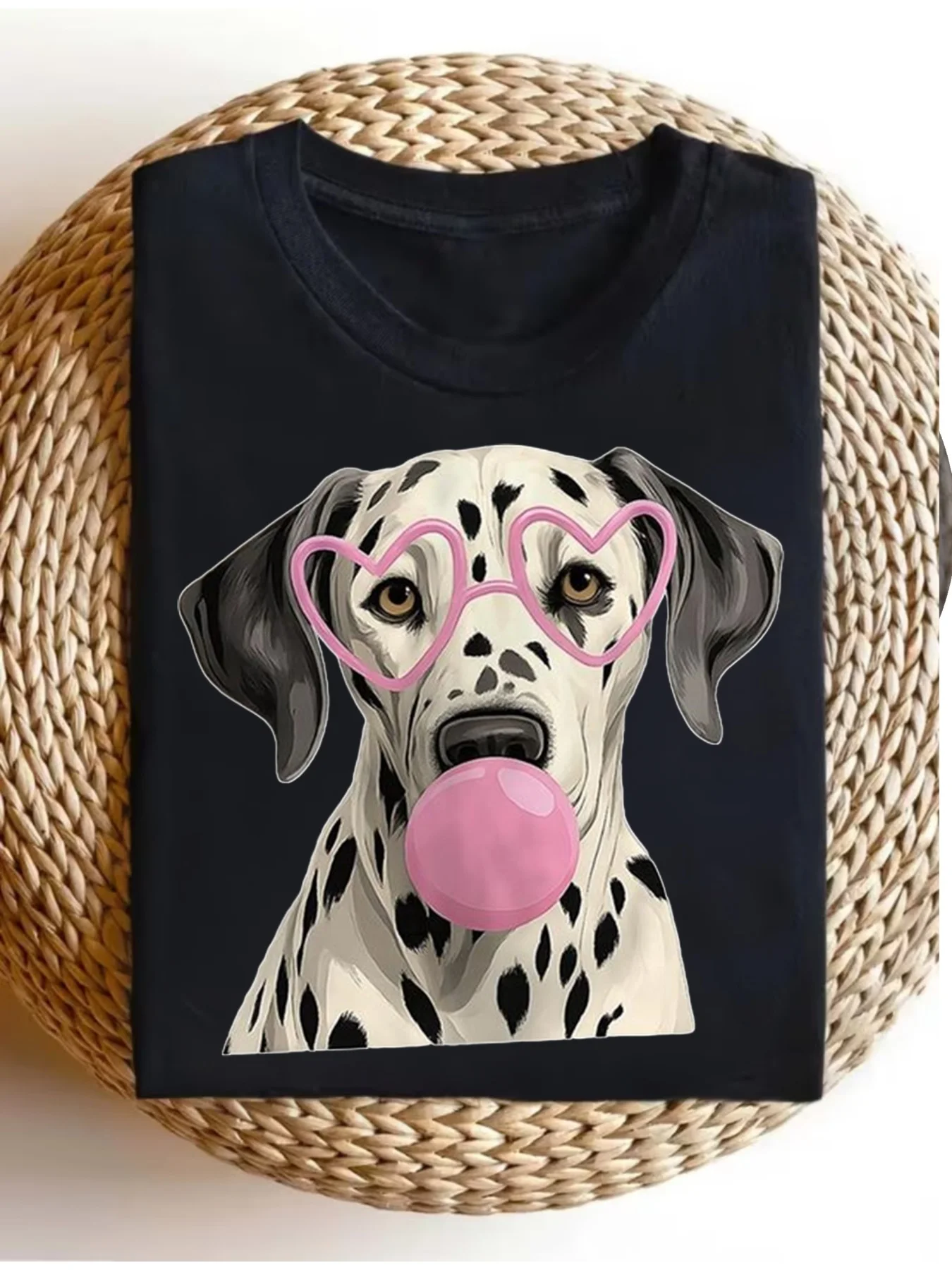 Casual Summer Top for Women Made of Pure Featuring a Cartoon Design with a Dalmatian Wearing Glasses And Bubble Prints Round Neck And Short Sleevesi0Women's Round Neck Top, Casual and Versatile.