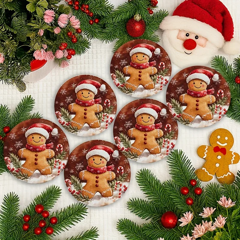 Christmas Gingerbread Man Wooden Coasters Santa Hat Gingerbread Candy Cane Round Drink Coasters for Winter Xmas Table Home Decor