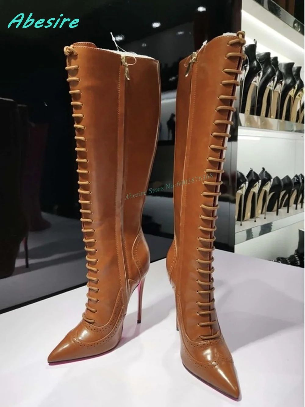 Side Zipper Patchwork Spot Knee High Boots Pointed Toe Stiletto Heels Rose Red Sole Shoes for Women Retro Fashion Show Shoes New