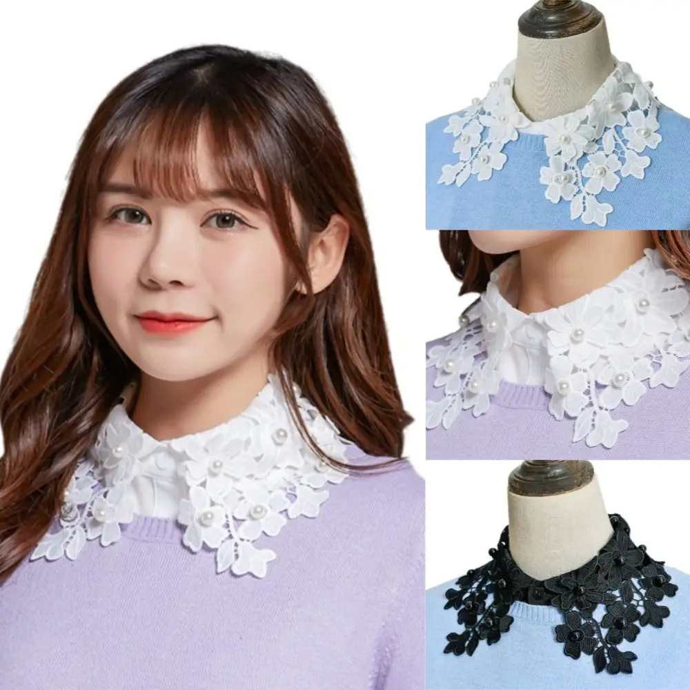 

White Color Fake Collar High Neck Striped Liner Detachable Collar Embroidered Lace Button Blouse False Collar Women Wear
