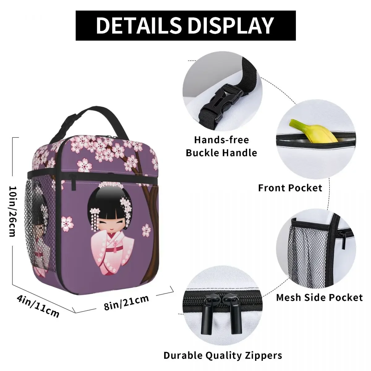 White Kimono Kokeshi Doll Insulated Lunch Bag Cute Geisha Girl Storage Food Box Portable Cooler Thermal Lunch Boxes For School