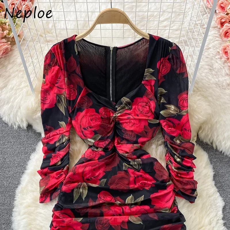 Neploe Gentle Rose Printed Female Robe Three-quarter Sleeve Slim Waist Split Dress Women Square Collar Mesh Pleated Vestidos