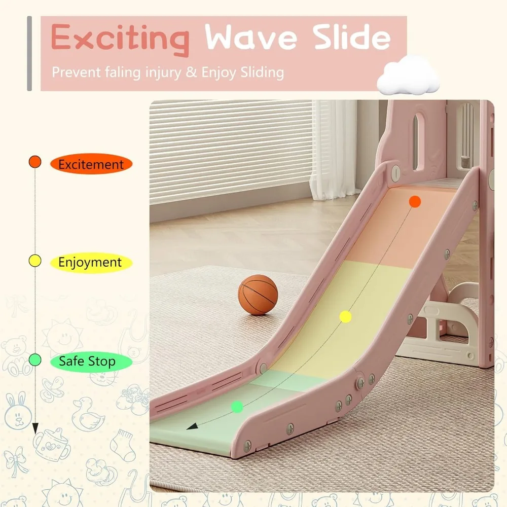 Children's Play Slide with Storage and Anti-Slip Steps, Outdoor and Indoor Climbing and Basketball Playset with Extendable Featu