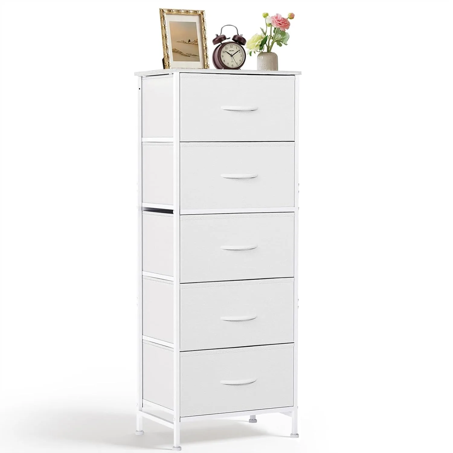 

5 Drawer Nightstand with Wooden Top Steel Frame Fabric Bins for Bedroom Closet Entryway Dorm Living Room White