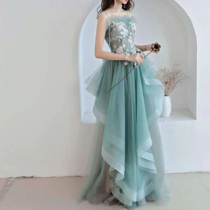 Customized Halter Strapless Mesh Spliced Long Evening Dresses Elegant Beading Floral Embroidery Appliques Robe Slim Fit Wavy Edg