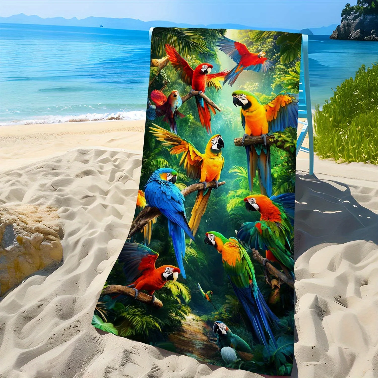 Vibrant Parrot Beach Towel - Soft, Lightweight & Sand-Free Microfiber with Colorful Parrot Print on Tropical Leaves