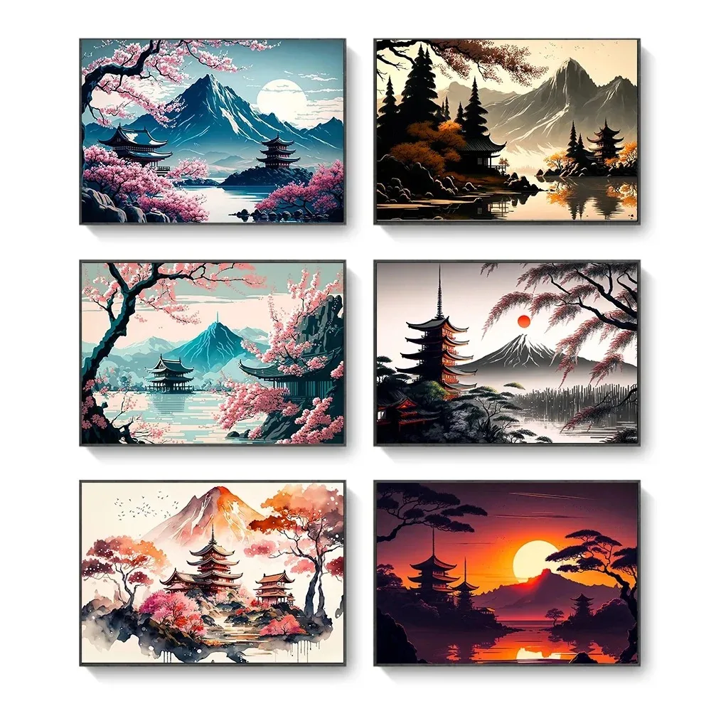 

1Pcs Japan Wall Art Canvas Painting Bedroom Interior Paintings Cherry Blossoms Home Decor Sunrise Scenery Mount Fuji Living Room