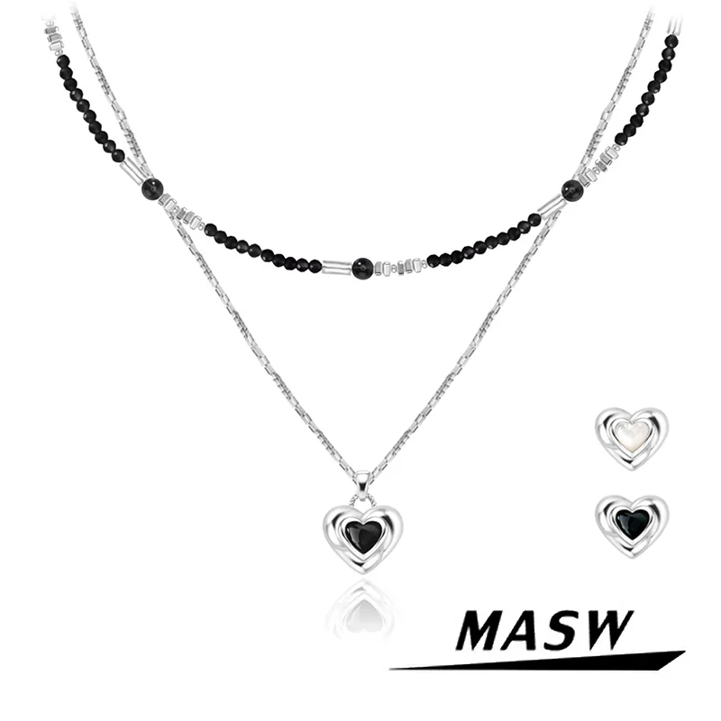 MASW Original Design Black White Silver Plated Heart Beads Necklace For Girl Women Gift Trend Jewelry Simply Style