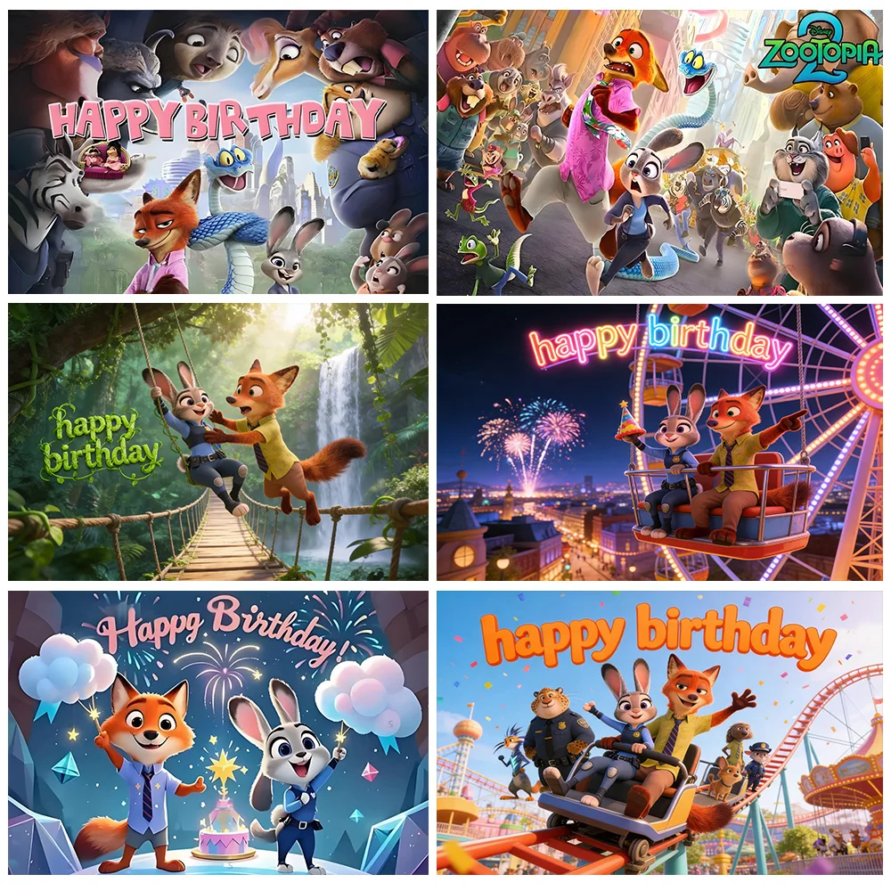 Décoration de fête sur le thème de Zootopia 2, toile de fond Judy Rabbit et Nick Fox, décoration de fête prénatale, cadeau pour enfant, accessoires photo