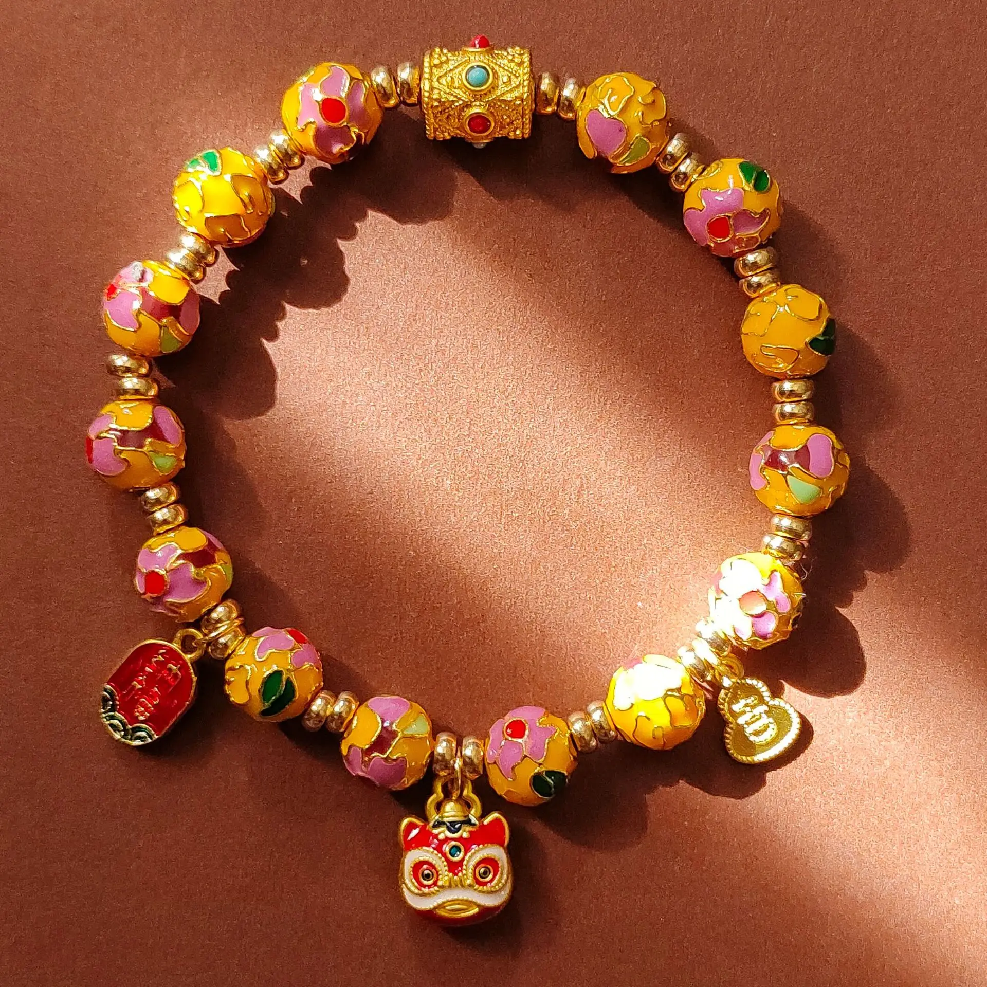 

China-Chic Cloisonne Double sided Lion Rising Hand String Enamel Flower Bracelet Handwear of Women's Palace Scenic Area