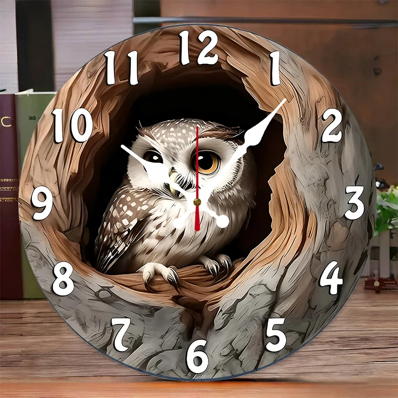 Tree Hole Owl Wooden Round Silent Hanging Wall Clock, Suitable For Living Room, Office, Study Room, Bedroom, Home Decoration