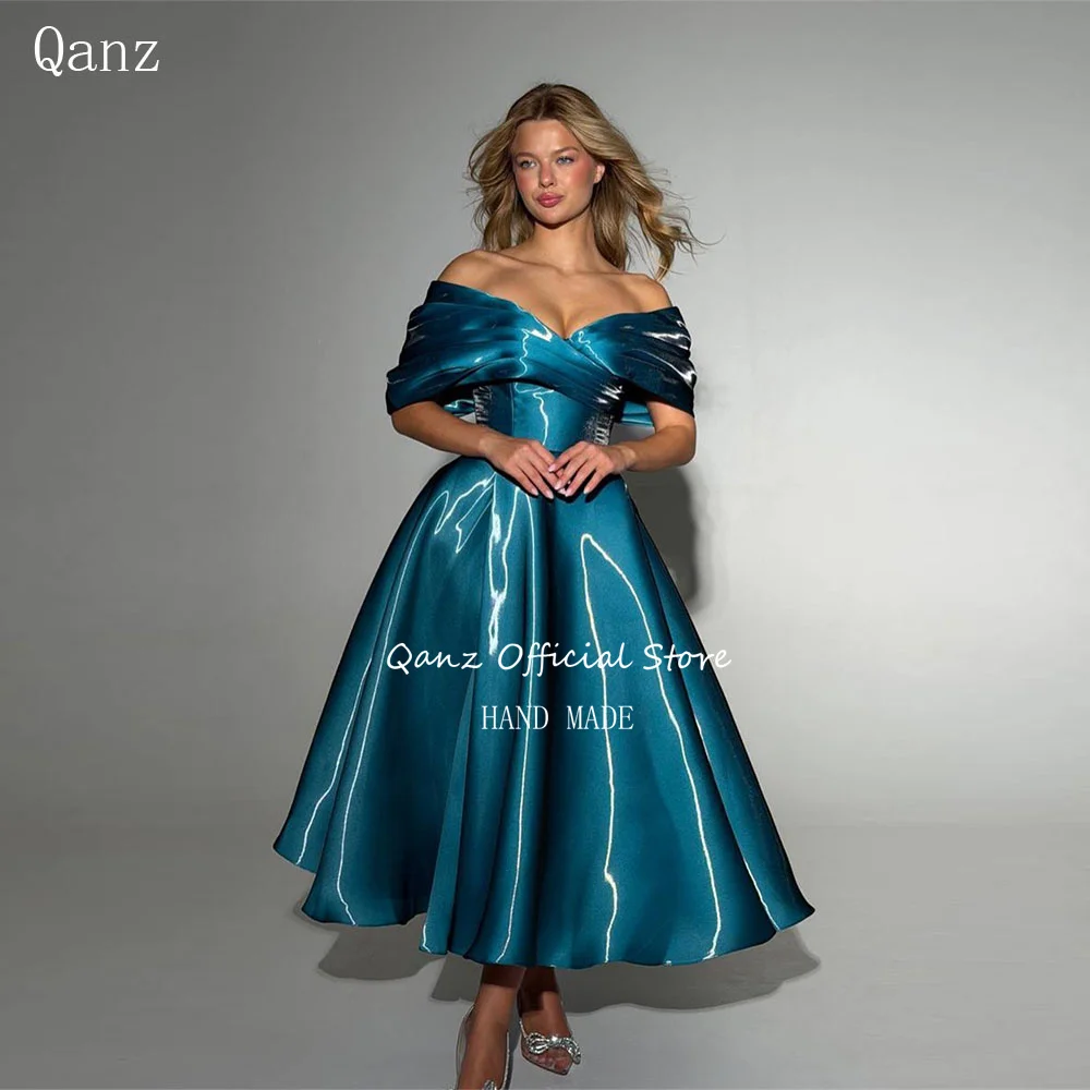 

Qanz Vintage Shiny Satin Prom Dress Off The Shoulder Tea Length Evening Dresses Backless A Line Vestidos De Festa Customizeds