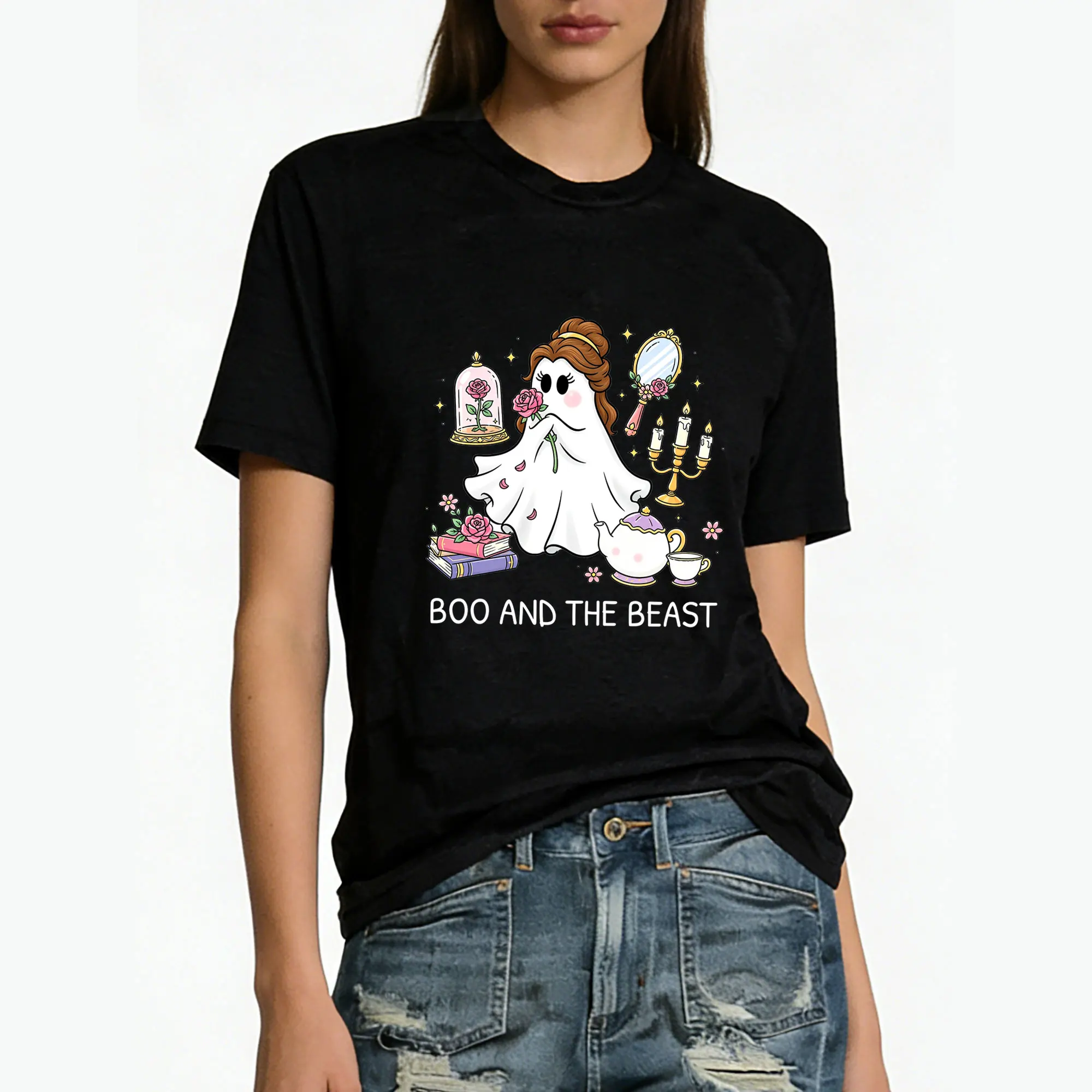 Boo And The Beast Halloween Shirt Cute Ghost Beauty Print T‑shirt Women Funny Ghost Fairy Tale Print Tees Halloween Gift