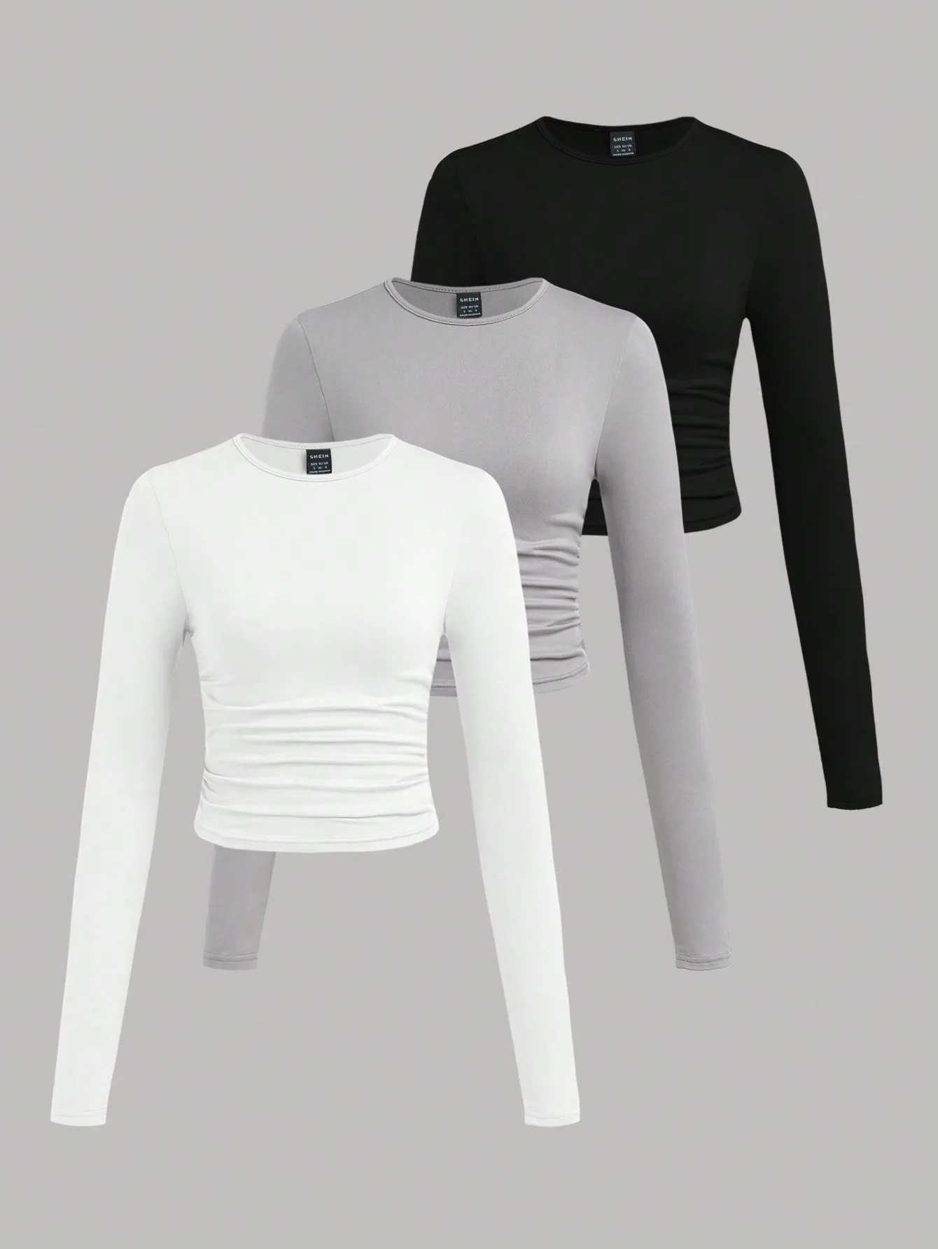

3-Pack Women's Solid Color Crew Neck Ruched Long Sleeve Crop Tops