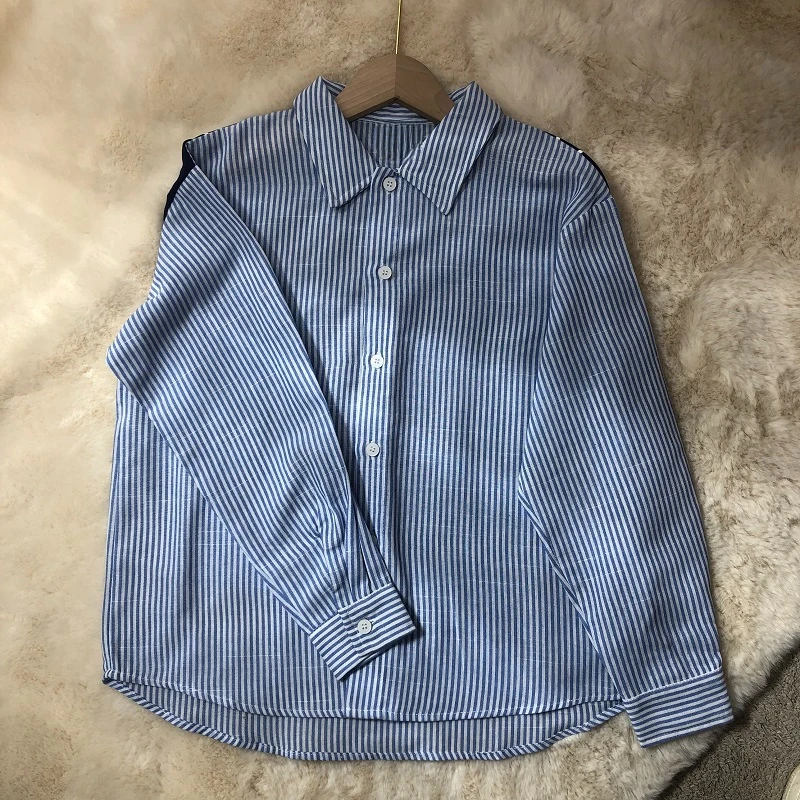 E-BAIHUI Blue Striped Girl Shirts Contrasting Vertical Striped Long Sleeved Girl's Top Lapel Single Breasted Children's Clothing