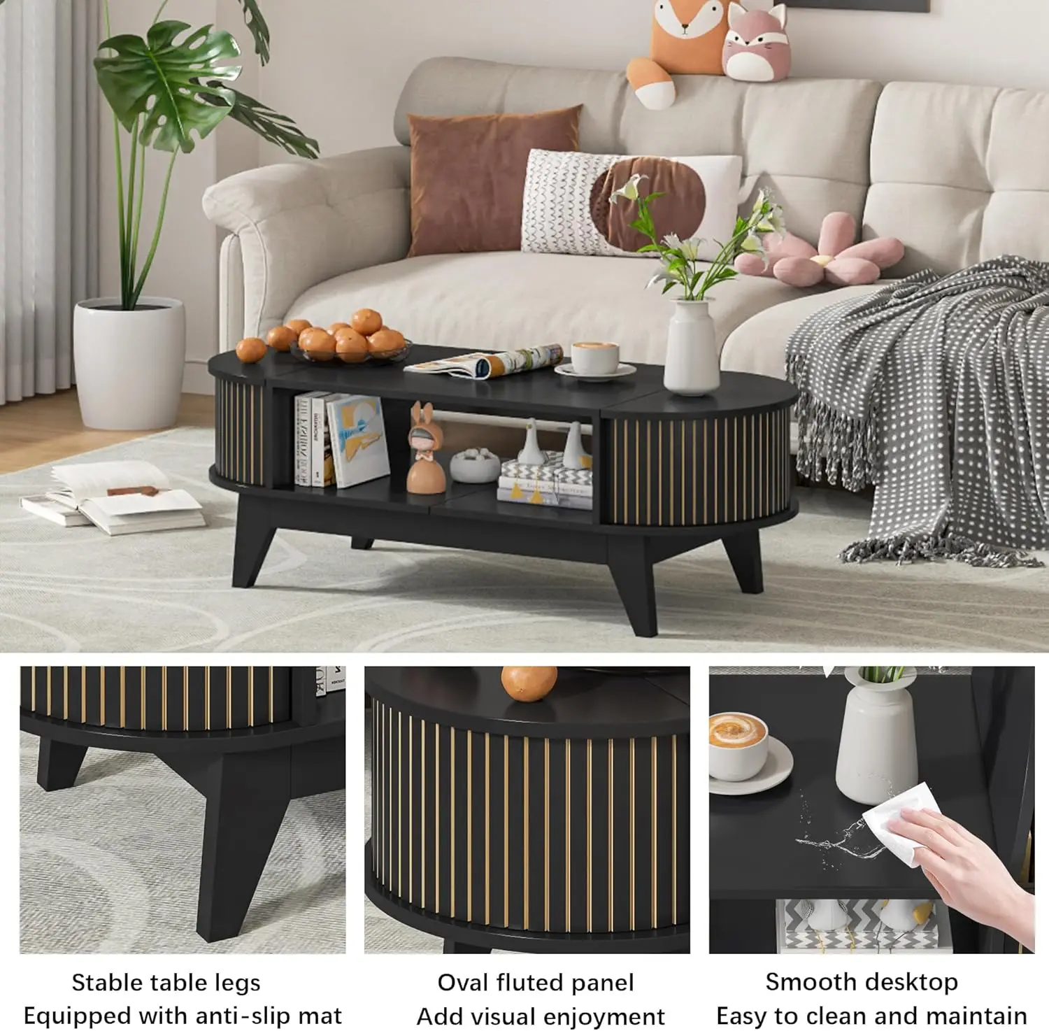 Coffee Table with 2 Hidden StorageMid Century Modern Coffee Table with Fluted FinishWood Center Table Oval Coffee Table with Fli