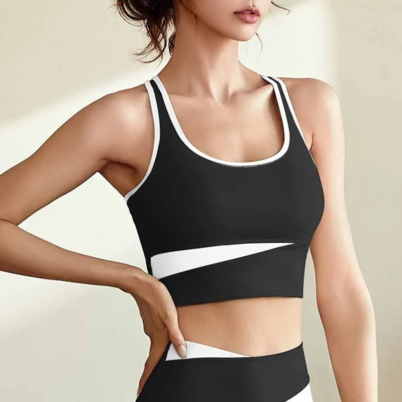 Contrast Color Patchwork Sports Bra Women Running Shockproof Yoga Vest Tight Sportswear Fitness Quick Dry Gym Top With Bra Pad