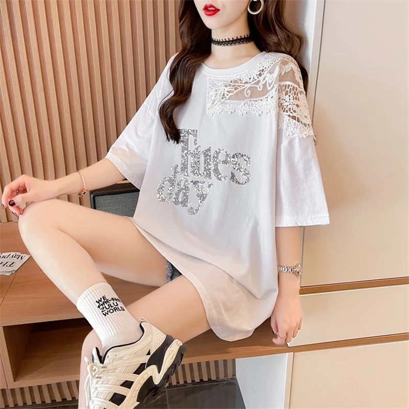 2023 Women Korean Fashion Sexy Lace Patchwork Sequin Oversize T Shirt Summer Black White Short Sleeve Streetwear Tunic Tops Ropa