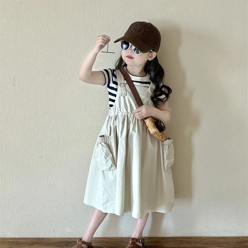 

Spring/Summer Girls' Dress Set New Fashionable Children's Strap Skirt+Striped Short Sleeve T-shirt Two Piece Set