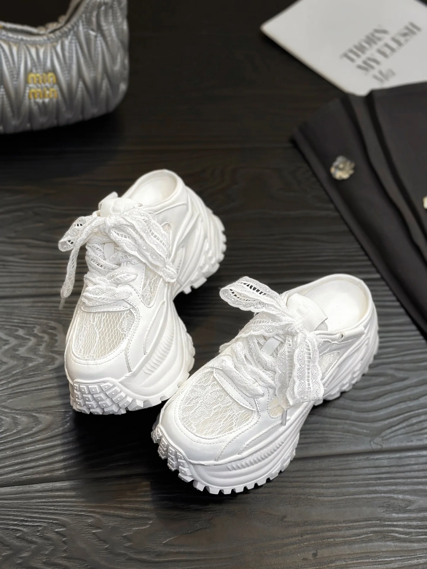 Unique Design Women's Lace Up Chunky Sneakers White High Platform Slip on Mules Thick Sole Trendy Y2K Streetwear Shoes High Heel