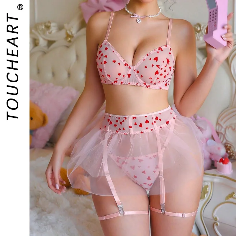

Toucheart Erotic Mesh Lingerie with Puffy Skirt Love Printing Girl Elegant Gathertogether Romantic Hollow Intimate Underwear Set