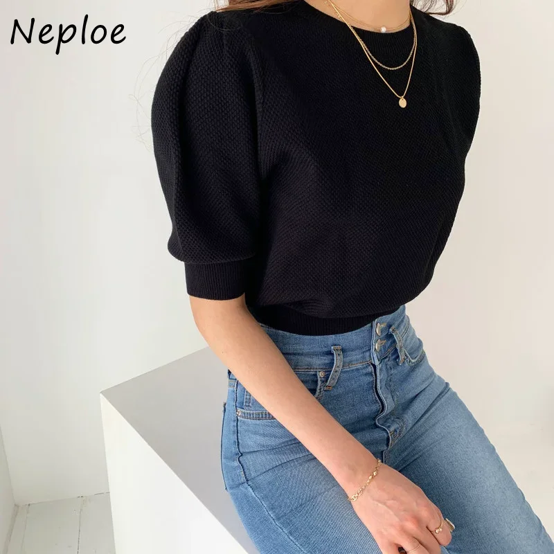 Neploe 2024 Korean Summer Trendy Loose Casual Knitted O Neck Puff Short Sleeve Simple Pullover Solid Color Design Sense Sweate