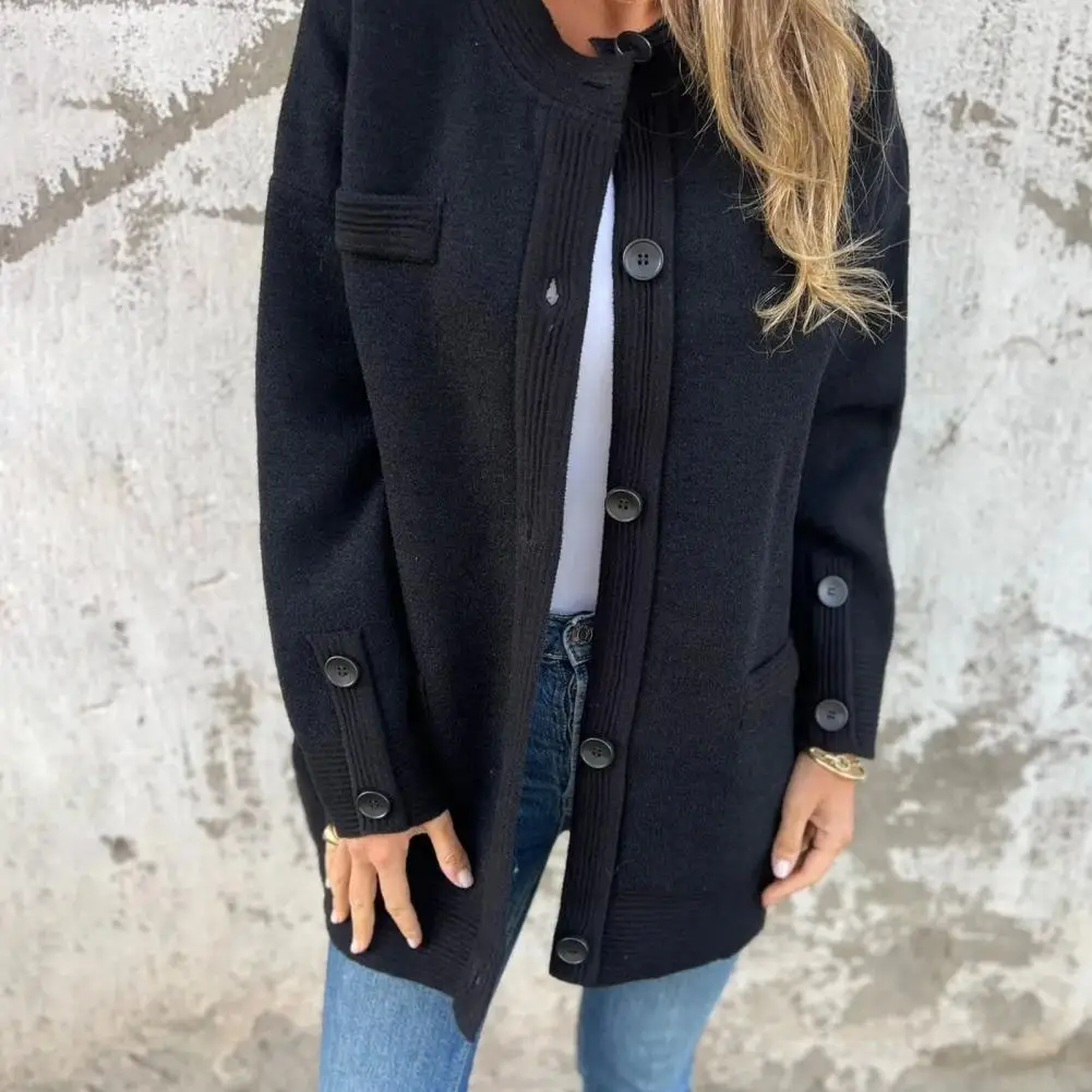 Inverno feminino cardigan jaqueta comprimento médio em torno do pescoço único breasted outerwear cor sólida mangas compridas senhora casaco para uso diário