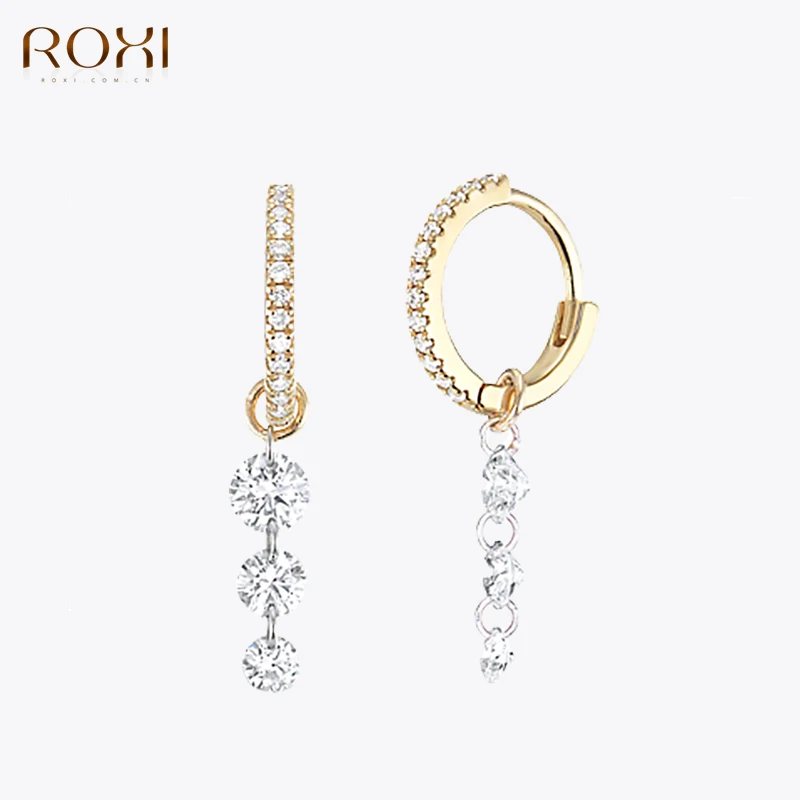 

ROXI 925 Sterling Silver Classic Triple Round Zircon Pendant Earring 18 21 24mm Fashion Earrings For Women Bride Wedding Jewelry