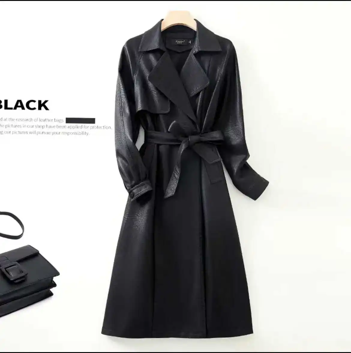 レディースロングオーバーニーファッショナブルなシープスキンレザージャケット春秋新作非対称通勤スタイルルーズフィットプラスサイズ