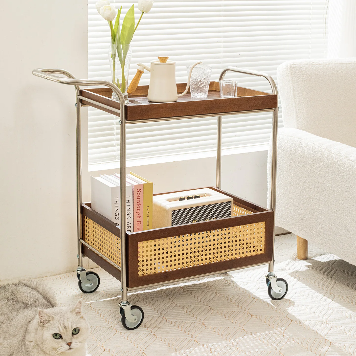 HYSDIY stainless steel wheeled trolley living room retro movable sofa side coffee table storage