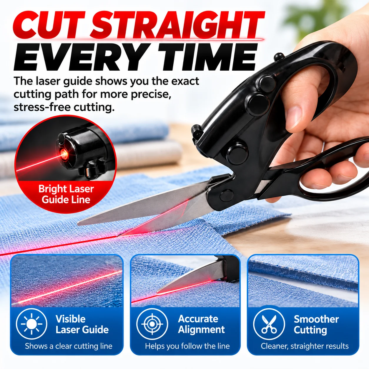 Laser Guided Scissors, 21.5cm Stainless Steel Cutting Shears with Red Laser Line for Fabric Paper Sewing Crafts DIY, Easy Grip