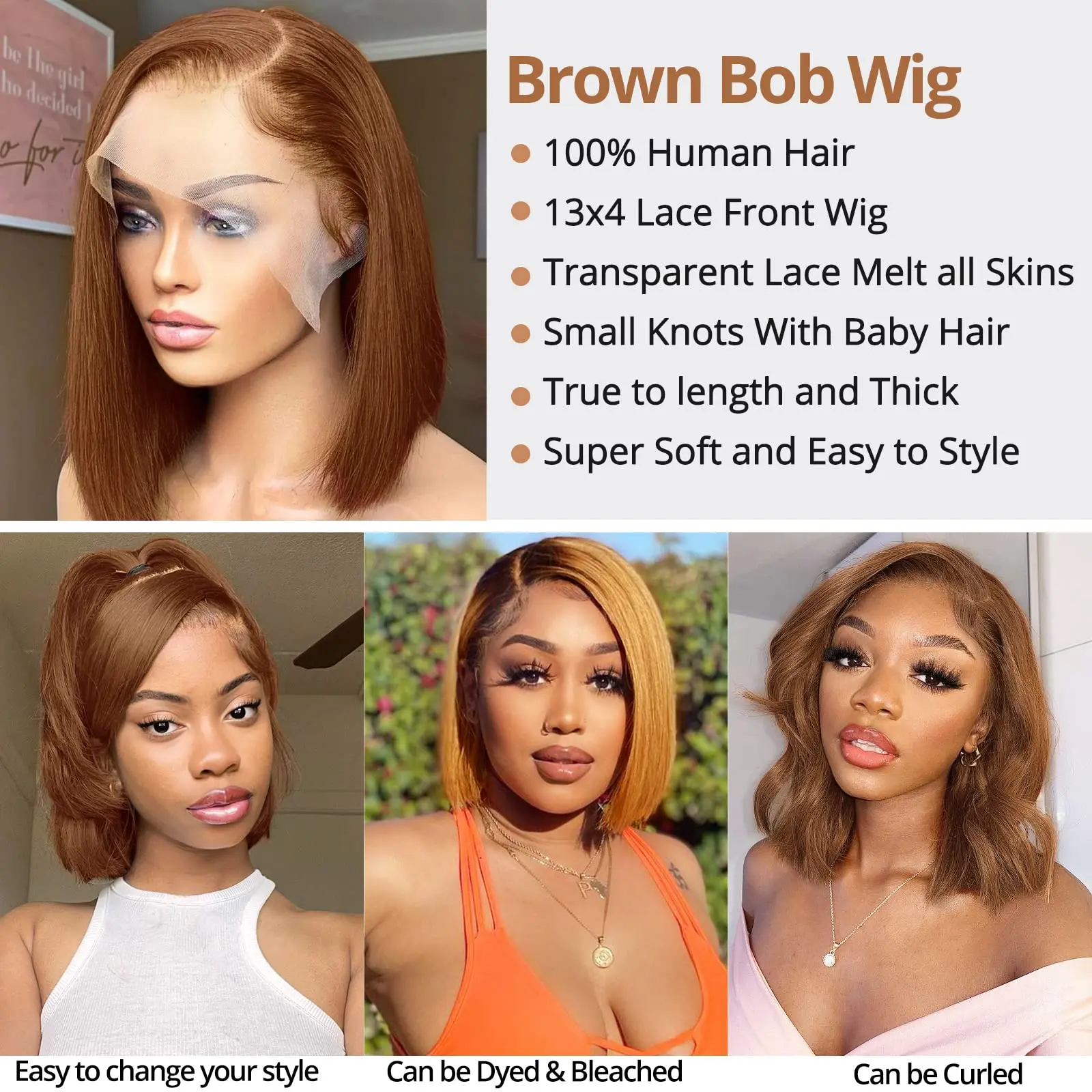 Brown Bob Wig Human Hair 13X4 Straight Bob Wigs Pre Plucked With Baby Hair Transparent Chocolate Brown #4 Bob Wigs