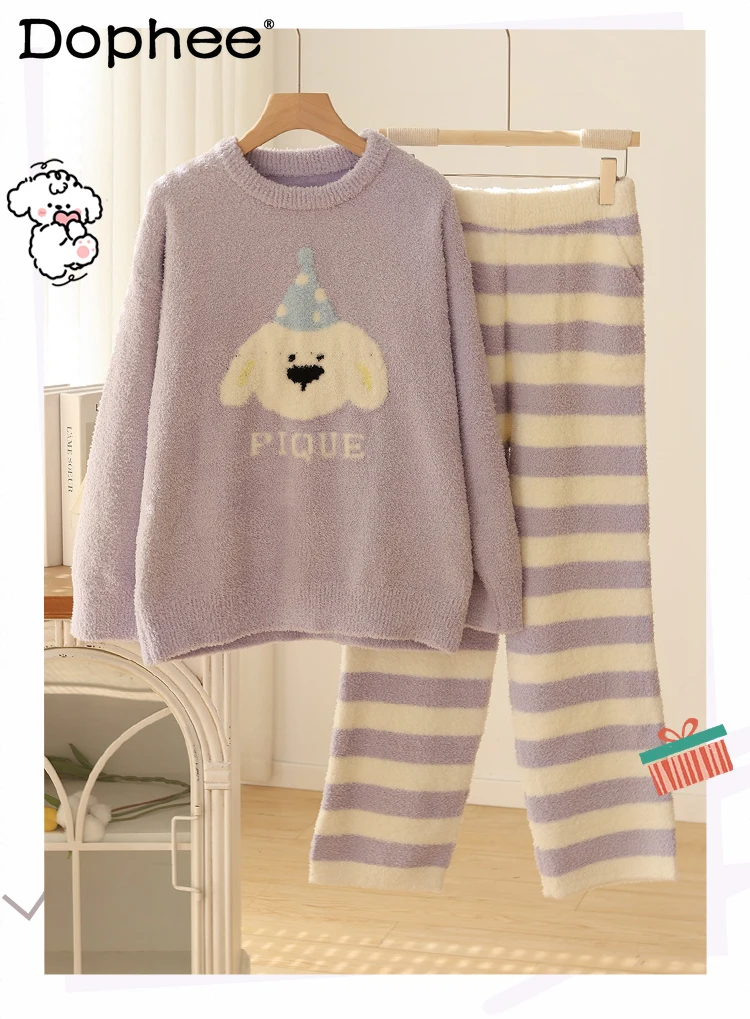 

Autumn and Winter New Cartoon Puppy Women's Pajamas Soft Sweet Cute Round Neck Wearable Warm Homewear