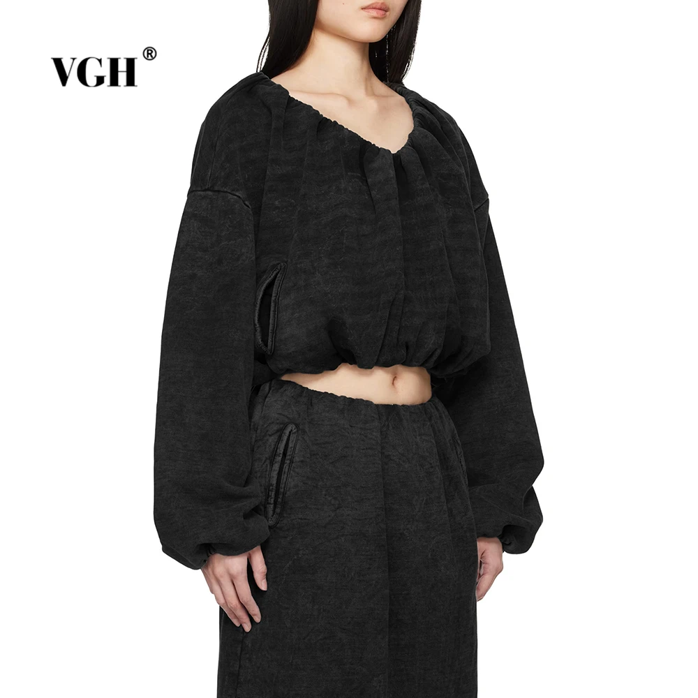 

VGH Designer Slimming Folds Short Sweatshirts For Women V Neck Long Sleeve Spring Temperament Sweatshirt Female Fashion Style