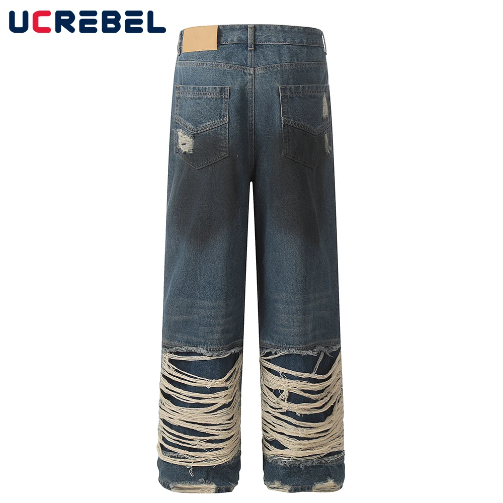 Washed Distressed Beggar Jeans Mens Ripped Spliced High Street Loose Wide Leg Denim Pants Men