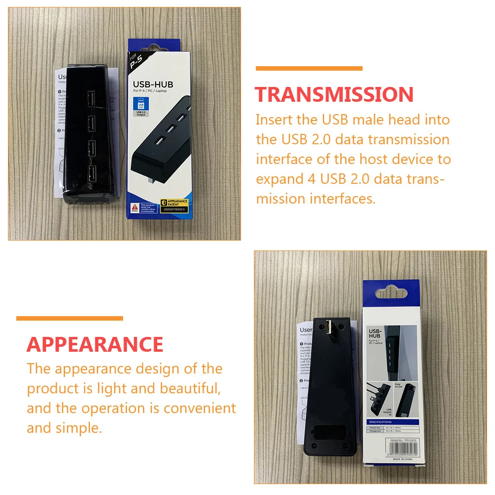 

4-Port USB 2.0 Hub Extension Adapter with Back Adhesive for Game Consoles Pcs Laptops Stable Connection USB Hub