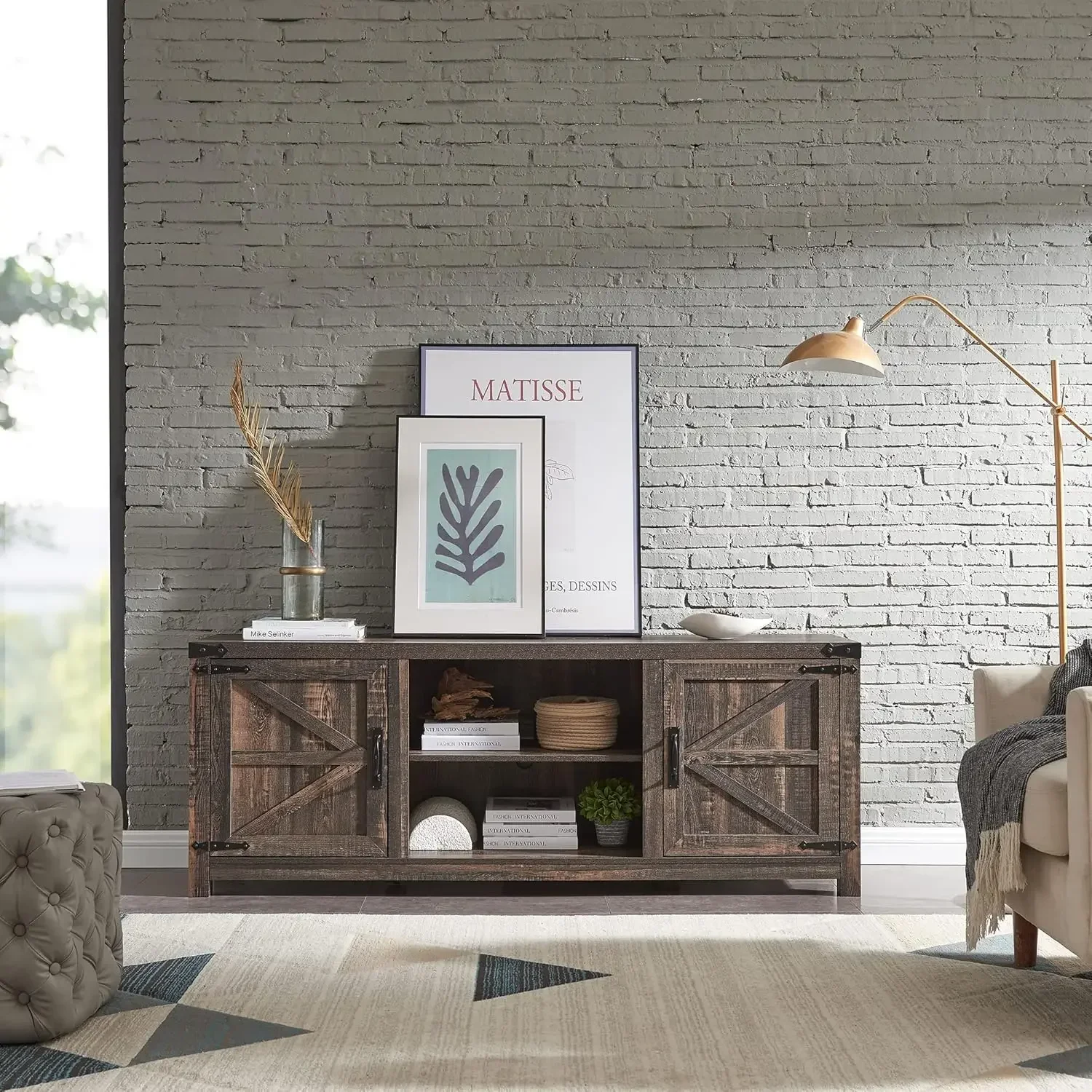 Farmhouse TV Stand for TVs Up to 75 inches, Wood Barn Door Media Television Console Table with Storage Cabinets