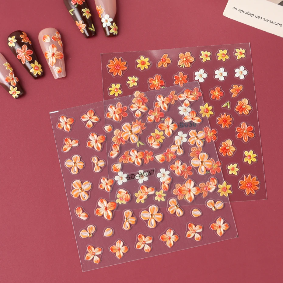 2 szt. Pomarańczowe Kwiaty Naklejki na Paznokcie Ozdoby Jesienne Kwiaty Kwitnące Samoprzylepne Slidery Dekoracje Akcesoria do Manicure