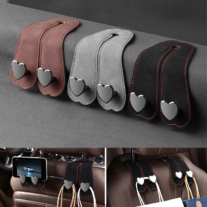 Heart Shape Metal Car Seat Headrest Hooks 2 in 1 Leather Car Seat Back Hook Purse and Bag Backpack Double Hook Car Seat Hanger