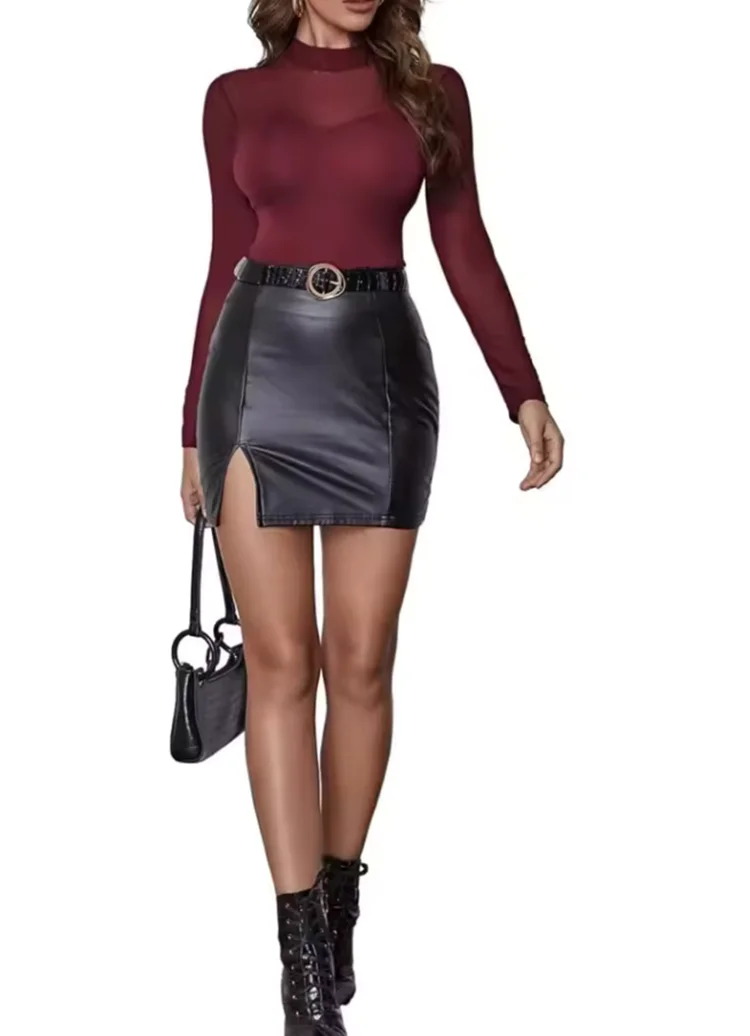 

Винно-красный женский топ с длинными рукавами, топ с длинными рукавами и сетчатыми вставками, подходит для вечеринок и выходов в свет.