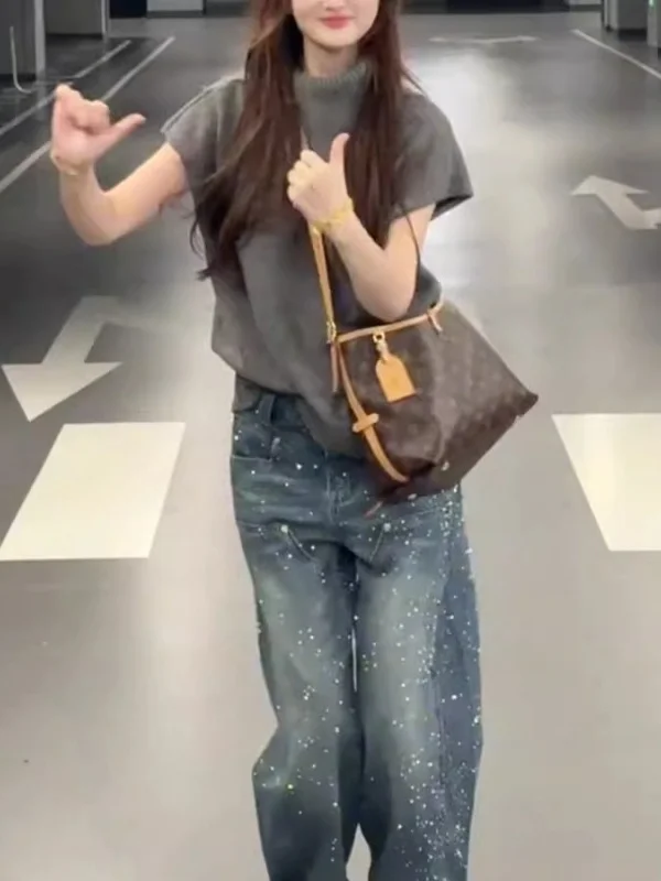 Injet lantejoulas embelezadas pesadas du denim jeans feminino casual perna larga até o chão calças de cintura alta perna reta jeans