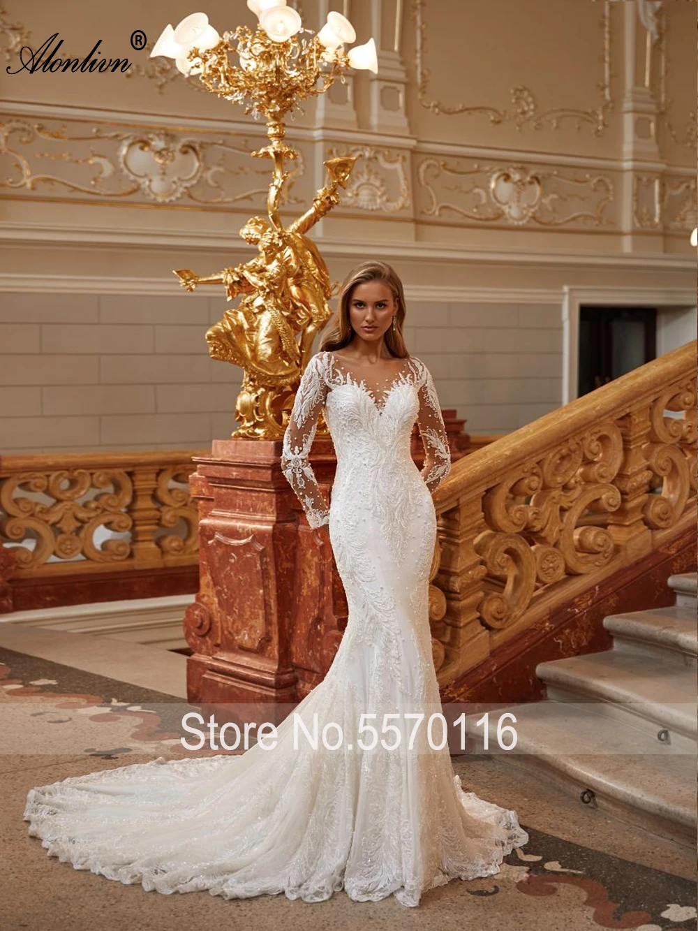 Alonlivn nuevo 2 en 1 vestido de novia de sirena apliques bordados rebordear perlas encaje con cuello en V trompeta vestidos de novia