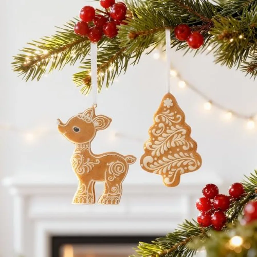 Lebkuchendekorationen, Weihnachtsschmuck – 2 Stück, Kunstharz-Lebkuchenbaum und Hirsch, Weihnachtsbaumschmuck für Party im Innenbereich, D