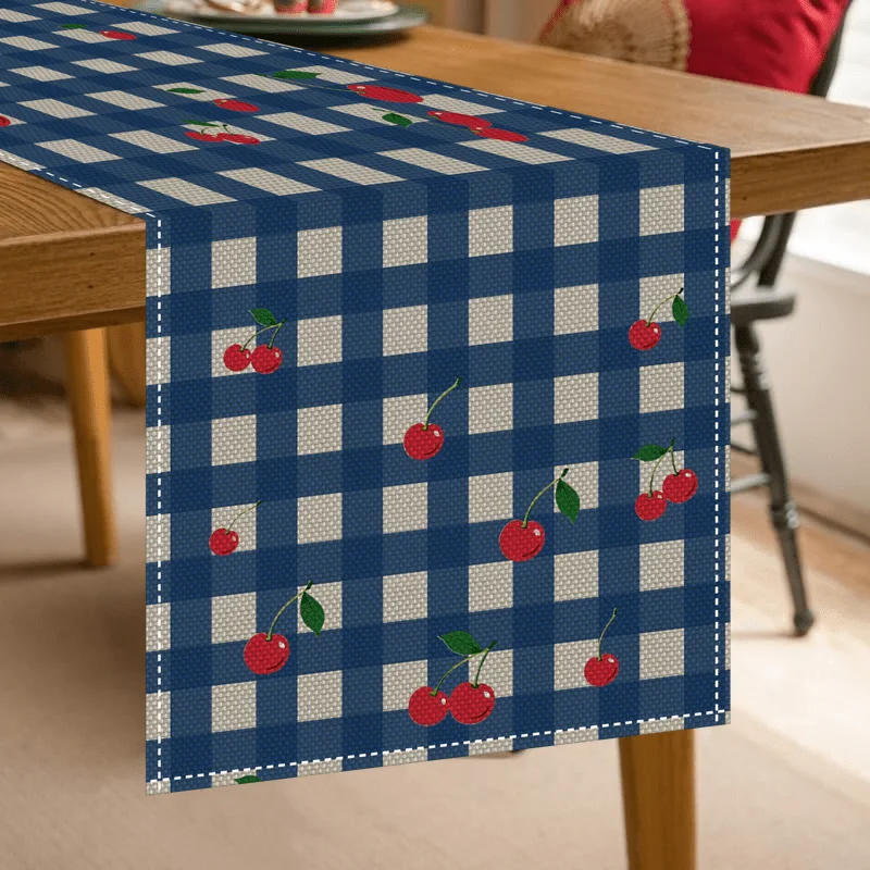 Stylish Checkered Table Runner Navy Blue & White Base + Red Cherries  Holiday Kitchen, Family Gatherings & Festive Dining Decor